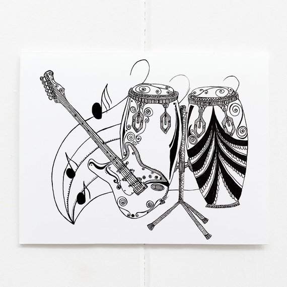 570x570 music lover's card electric guitar musical instruments etsy - Drum Line Drawing