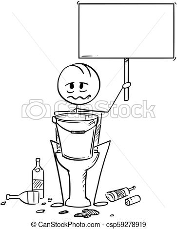 363x470 Cartoon Of Sick Or Drunk Man Sitting On Toilet With Bucket - Drunk Man Drawing