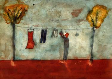 375x264 Man Hanging Stones And Clothes To Dry Drawing - Dry Drawing