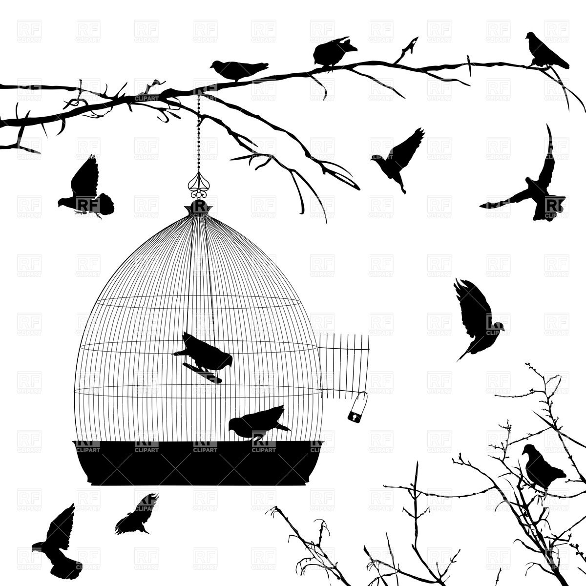 1200x1200 silhouettes of flying birds and birdcage on branch of dry tree - Dry Tree Drawing