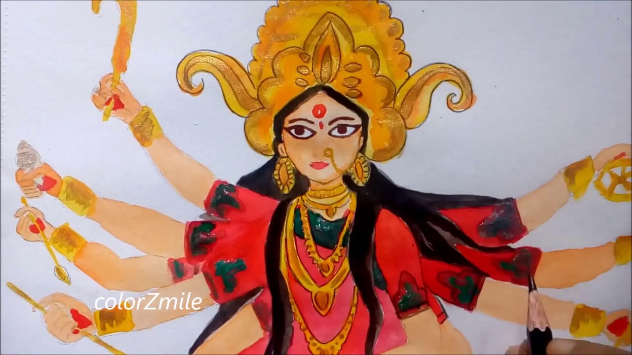 1280x720 how to draw maa durga how to draw goddess durga in watercolours - Durga Drawing