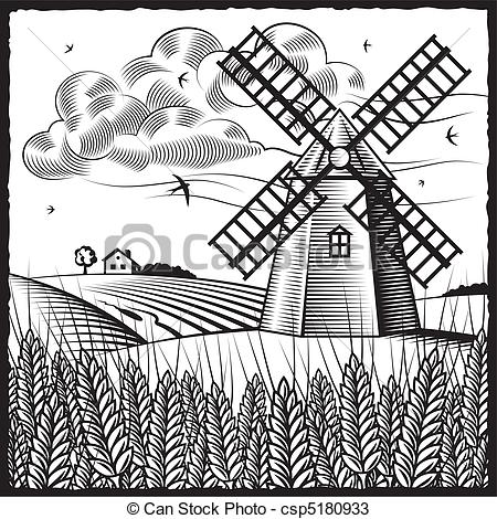 450x470 landscape with windmill retro landscape with windmill in woodcut - Dutch Windmill Drawing