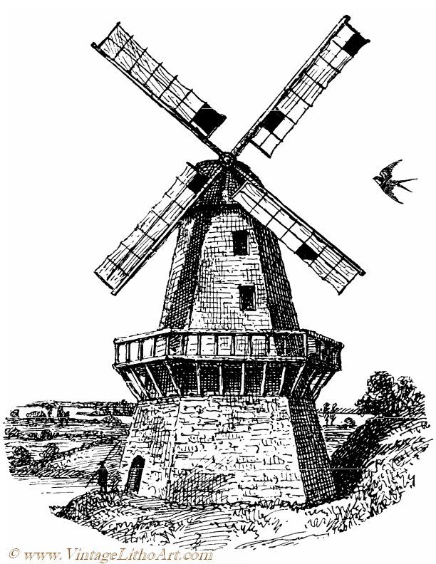612x792 Vintagelithoartvintage Black White Illustration - Dutch Windmill Drawing
