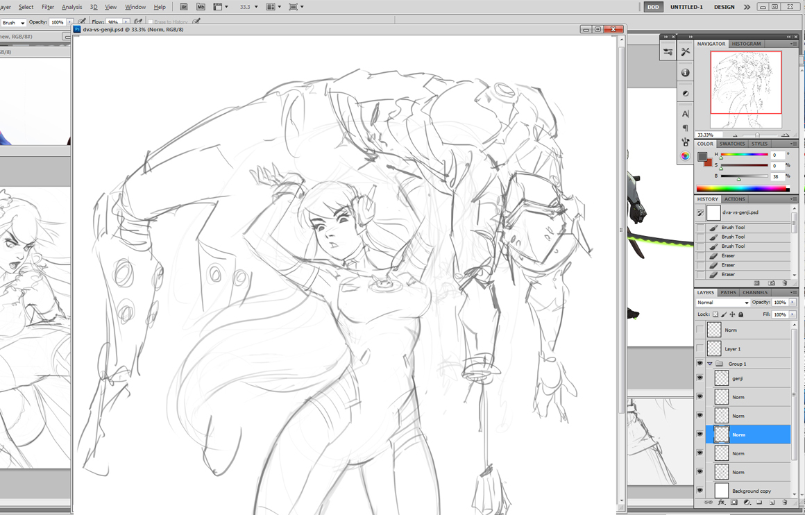 1160x742 Drawing Overwatch Character Dva Vs Genji Action Pose - Dva Drawing