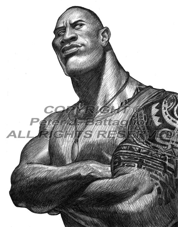 570x725 The Rock Dwayne Johnson Caricature Greyscale Poster Art Etsy - Dwayne Johnson Drawing