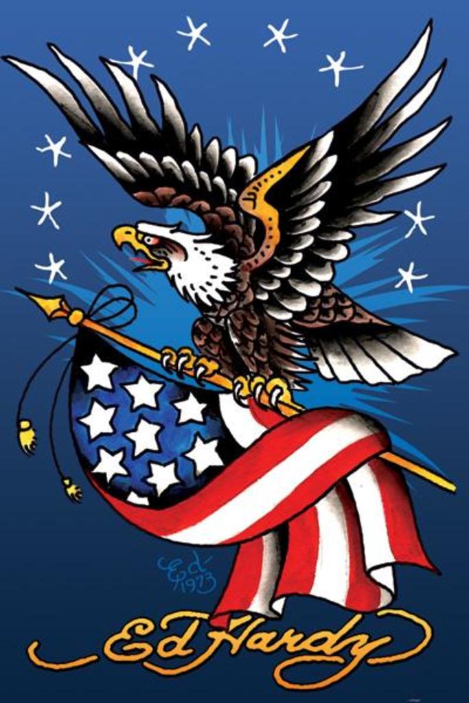 683x1024 Ed Hardy American Eagle Tattoo Drawing Flag Stars Patriotic Poster - Eagle And Flag Drawing