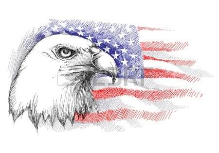450x315 Sketch Of Bald Eagle Head On The Background With American Flag - Eagle And Flag Drawing
