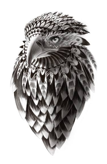 375x574 Black And White Rendered Shaman American Eagle Illustration Print - Eagle Black And White Drawing
