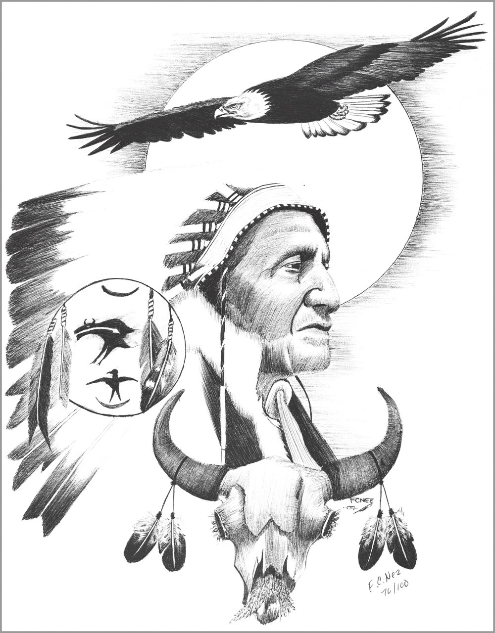 1000x1280 Navajo Chief Soaring Eagle Ink Drawing Print - Eagle Soaring Drawing