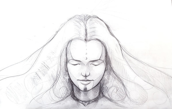 599x380 pencil drawing of beautiful meditation girl, and tattoo on face - Earring Drawing