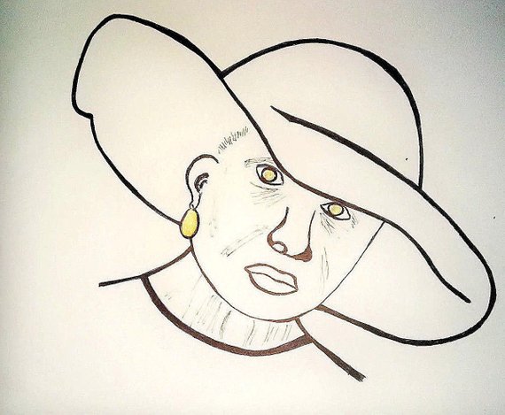 570x469 woman with hat and gold earring drawing mixed media gold etsy - Earring Drawing