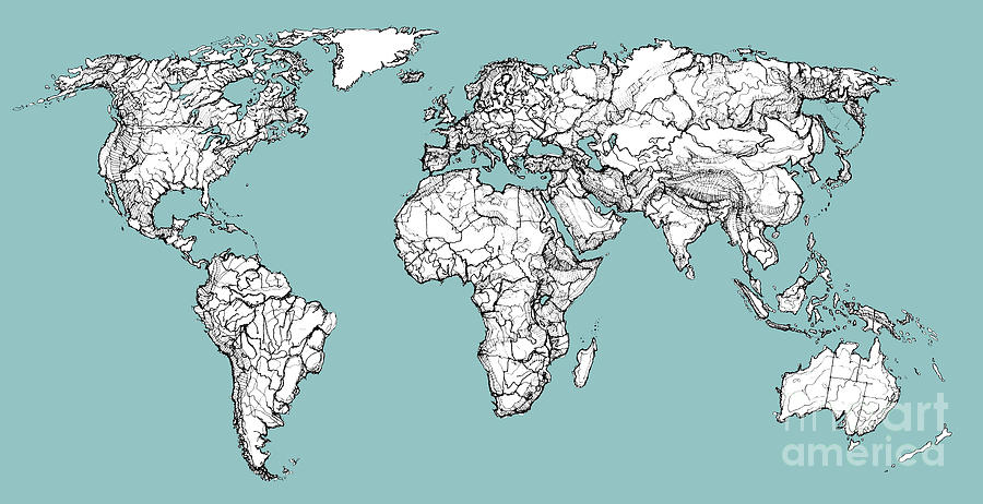 900x462 World Map In Turquoise Drawing - Earth Map Drawing