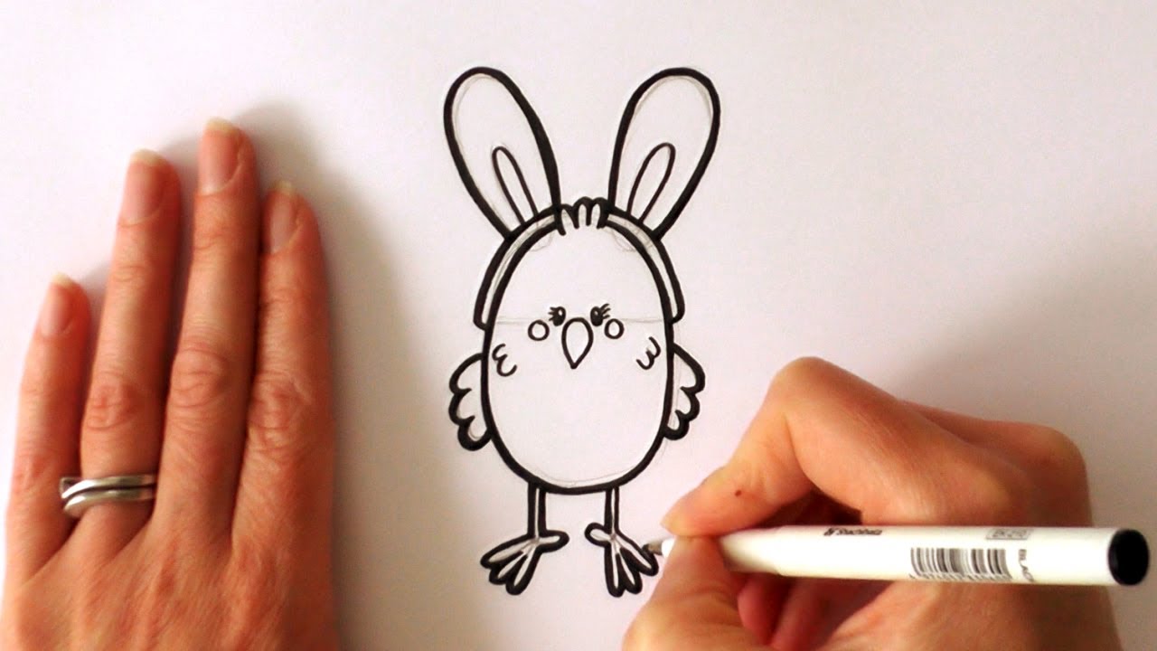 1280x720 how to draw a cartoon easter chick wearing bunny ears - Easter Chick Drawing