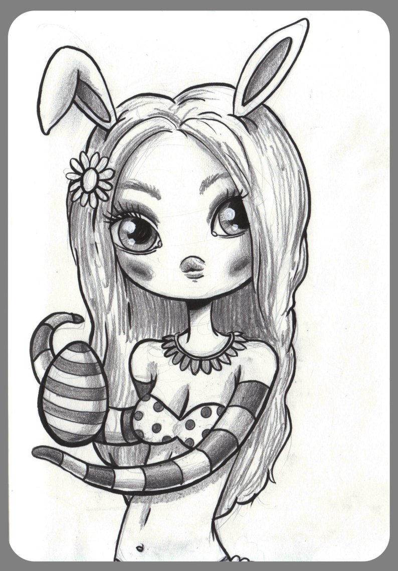 794x1138 day happy easter bunny girl with easter egg original etsy - Easter Day Drawing