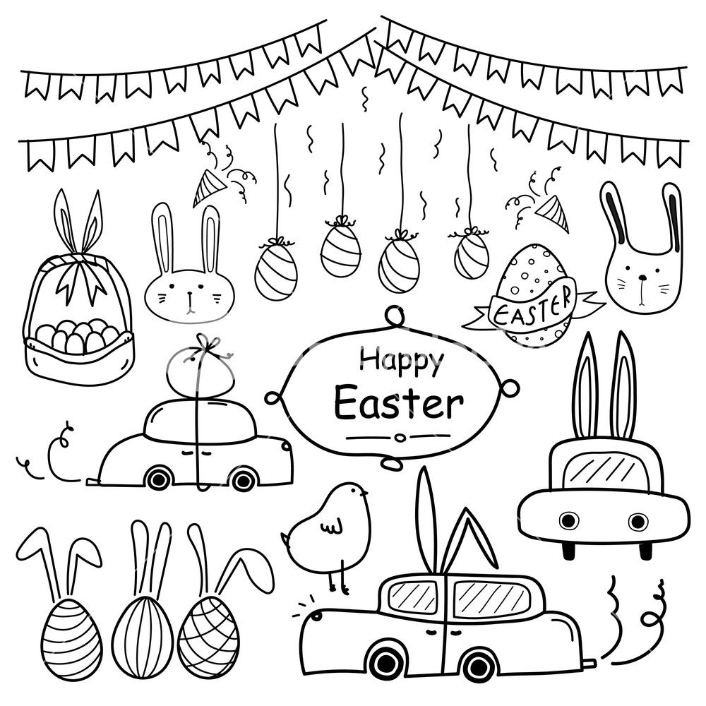 1000x1000 Line Hand Drawn Doodle Happy Easter Day Vector Set Doodle Funny - Easter Day Drawing