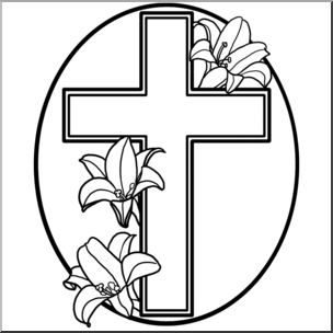 304x304 clip art religious cross with easter lilies bampw i - Easter Lily Line Drawing