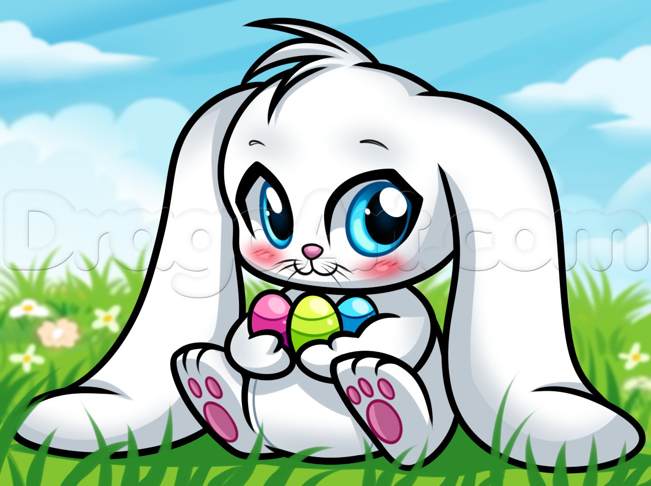 1286x959 How To Draw A Chibi Easter Bunny, Step - Easter Rabbit Drawing
