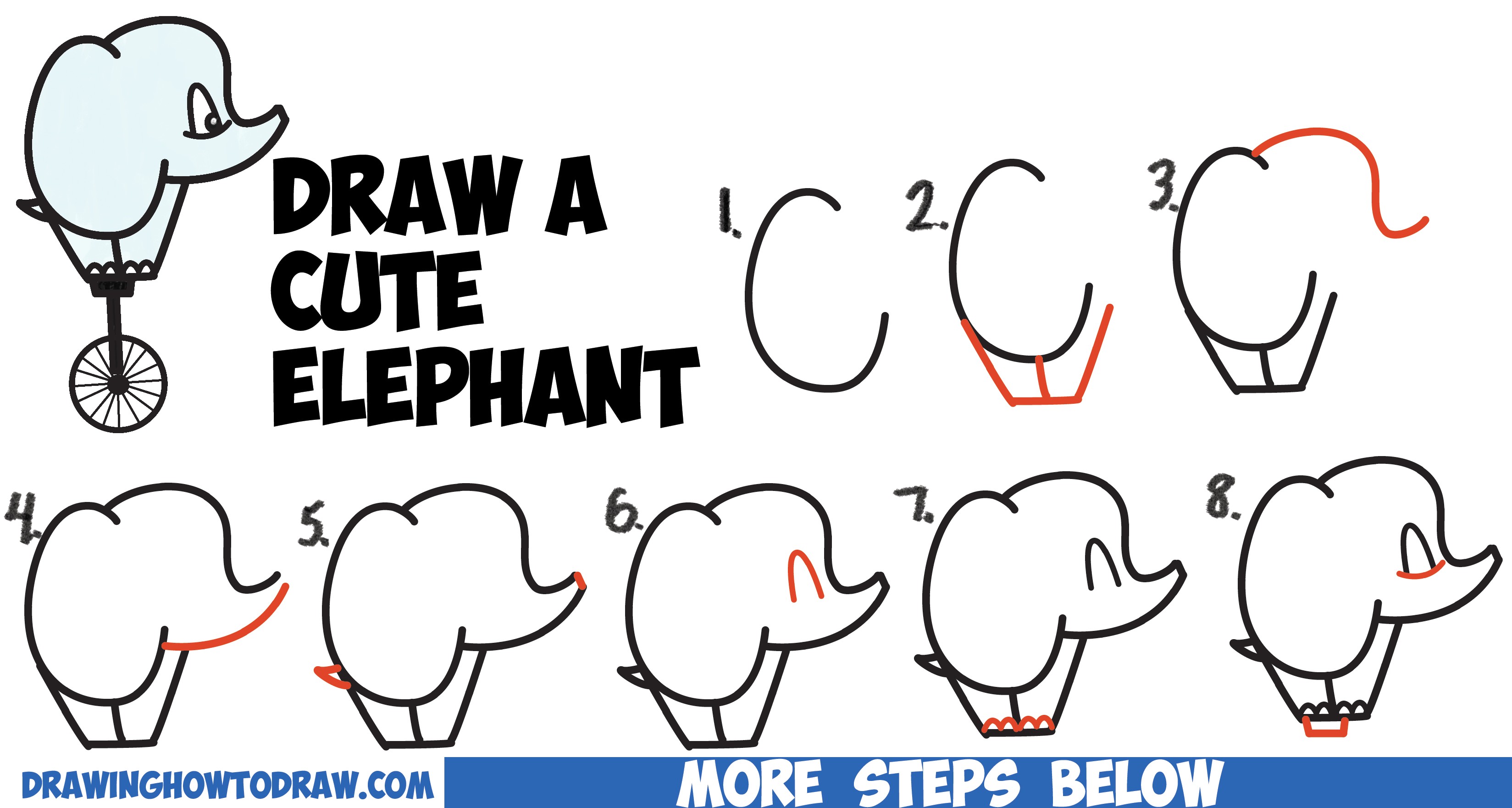 3297x1761 How To Draw Cute Cartoon Baby Elephant On Unicycle Easy Stepbystep - Easy Cartoon Drawing Tutorials