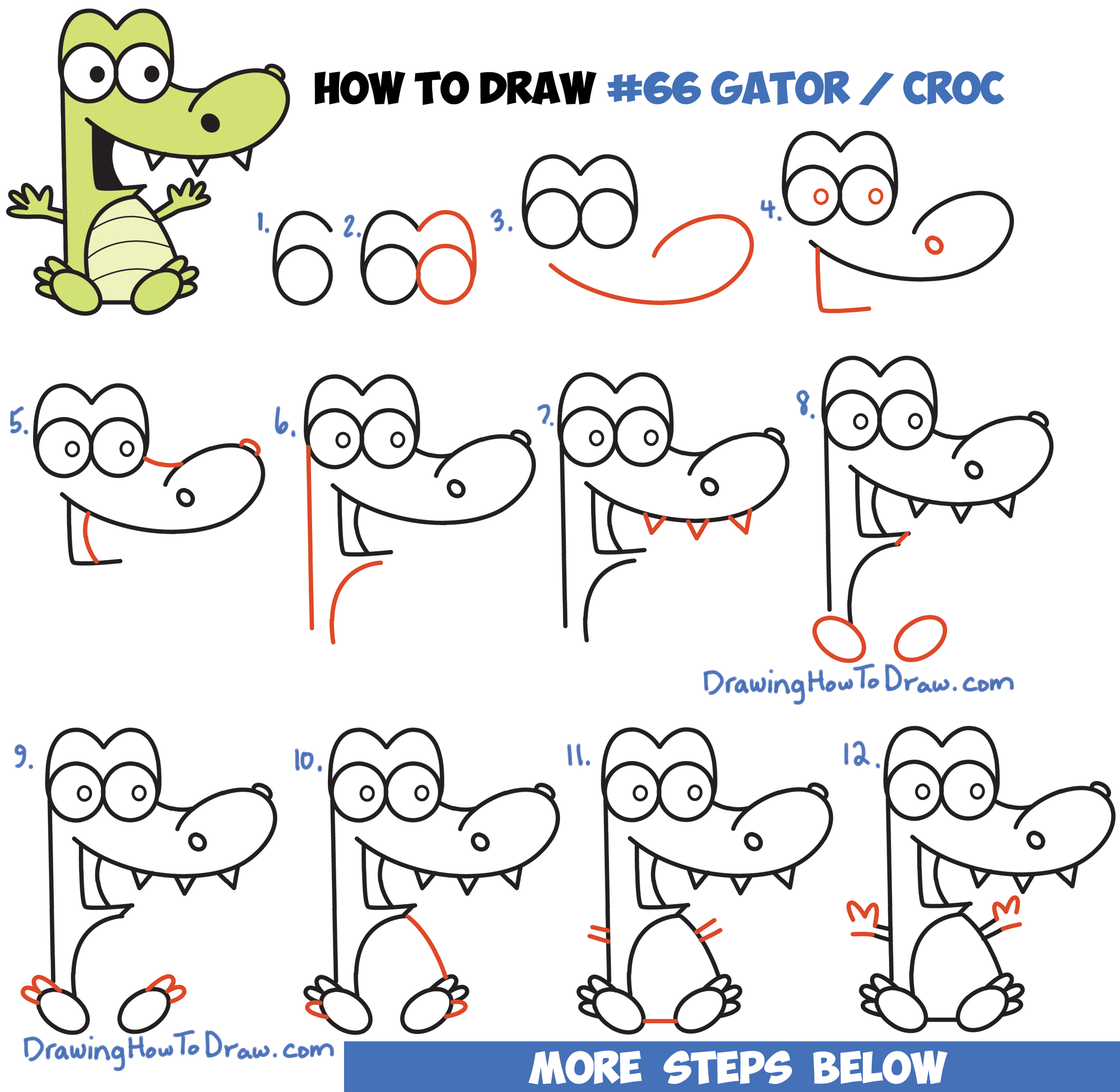 2500x2438 How To Draw Cartoon Crocodile Or Alligator From Numbers Easy Step - Easy Cartoon Drawing Tutorials
