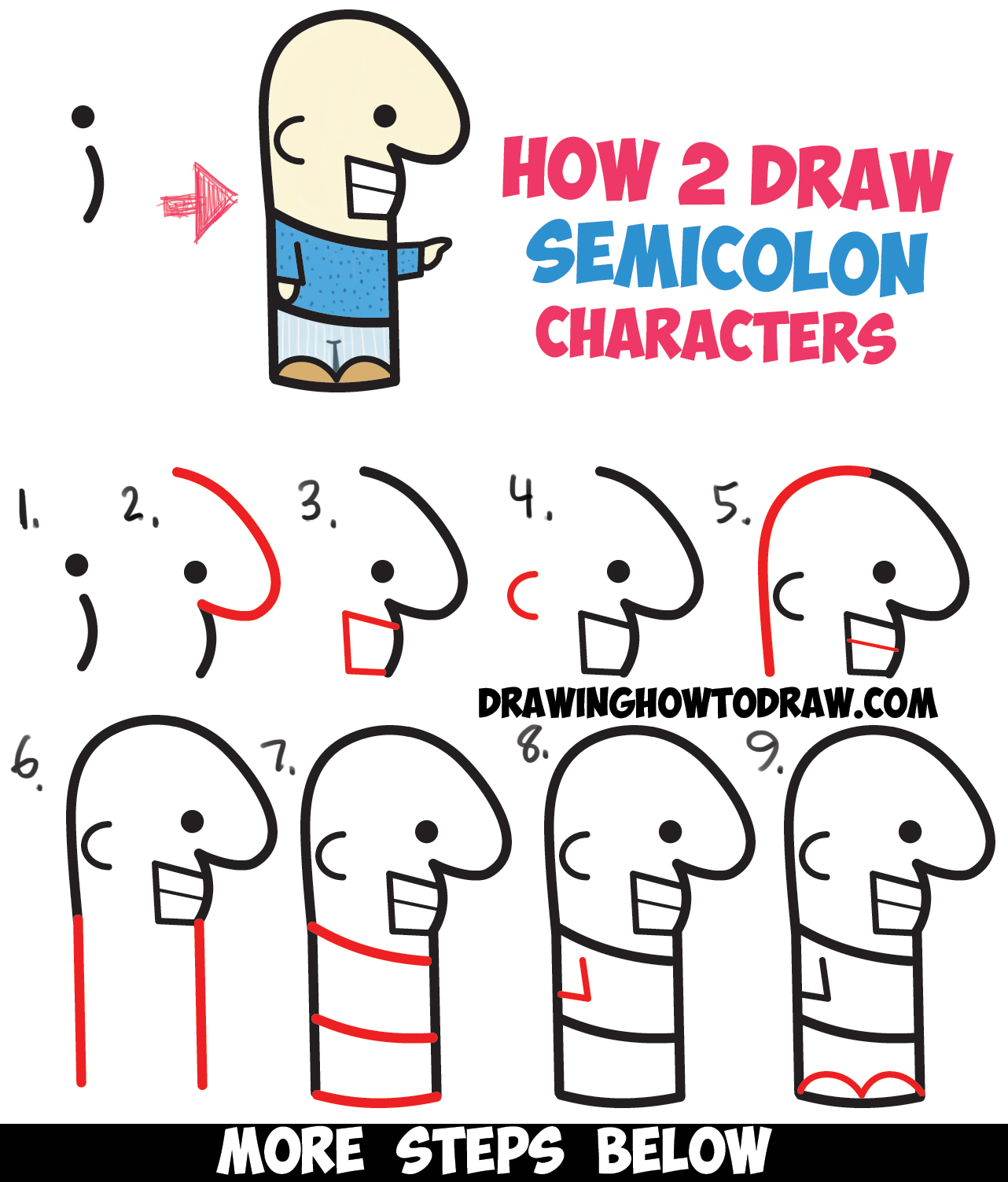 1282x1503 How To Draw Cute Cartoon Characters From Semicolons - Easy Cartoon Drawing Tutorials