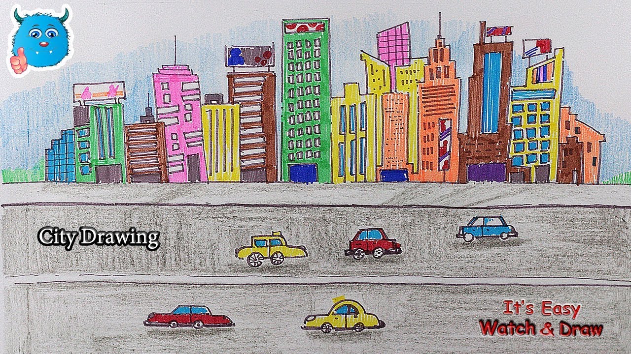 1280x720 How To Draw A City With Road Very Easy Drawing For Kids - Easy City Drawing