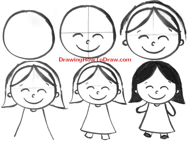 613x462 How To Draw Cartoon Girls Easy Steps For Kids With A Little Girl - Easy Drawings For Little Kids