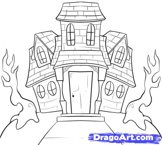 520x465 how to draw a haunted house - Easy Haunted House Drawing