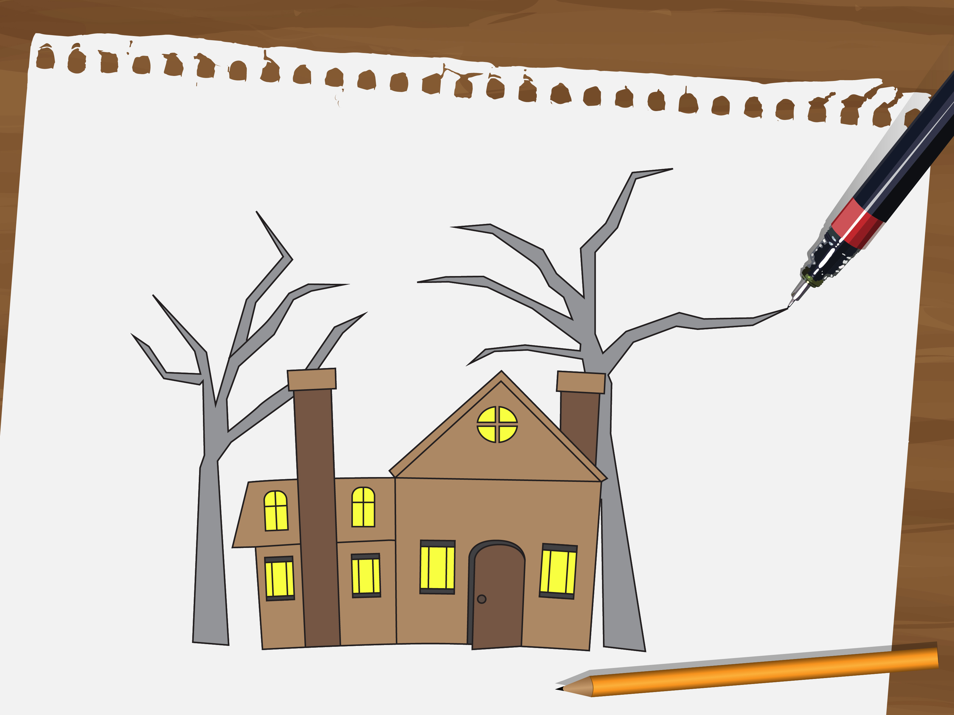 3201x2401 how to draw a haunted house steps - Easy Haunted House Drawing