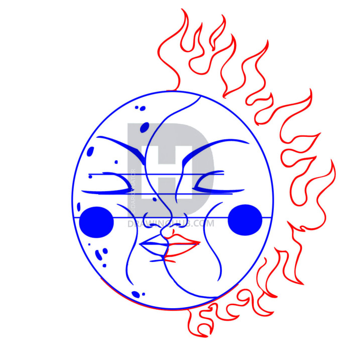 691x720 how to draw a celestial sun and moon, step - Easy Moon Drawing