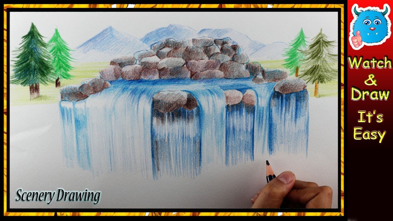 cartoon waterfall drawing easy