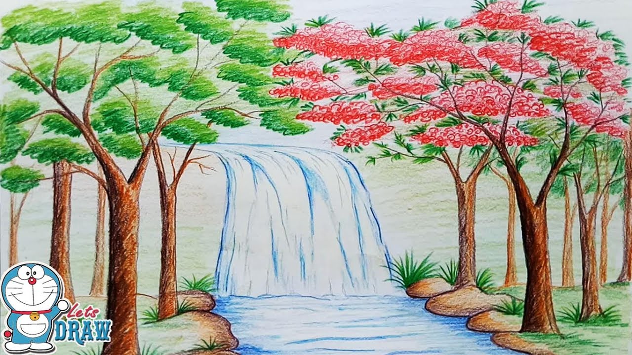 1280x720 How To Draw Scenery Of Stream Waterfall Step - Easy Waterfall Drawing