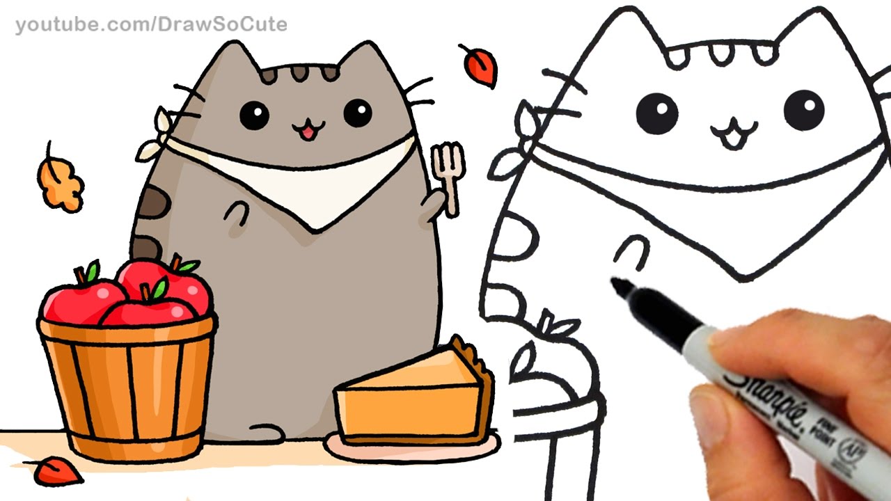 1280x720 how to draw autumn pusheen cat eating pie step - Eating Drawing