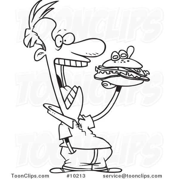 581x600 cartoon black and white line drawing of a guy eating a sandwich - Eating Drawing