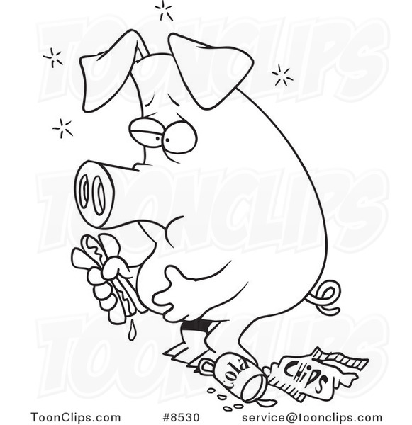 581x600 cartoon black and white line drawing of a stuffed pig eating junk - Eating Food Drawing
