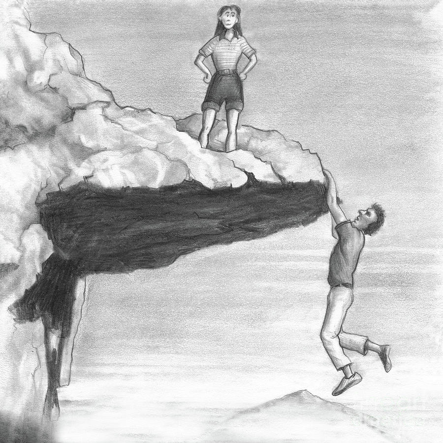 900x900 woman on a cliff with a man hanging from the edge drawing - Edge Drawing