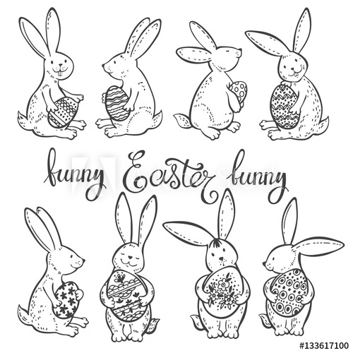 500x500 funny easter bunnies with festive decorative eggs vector - Egg Outline Drawing