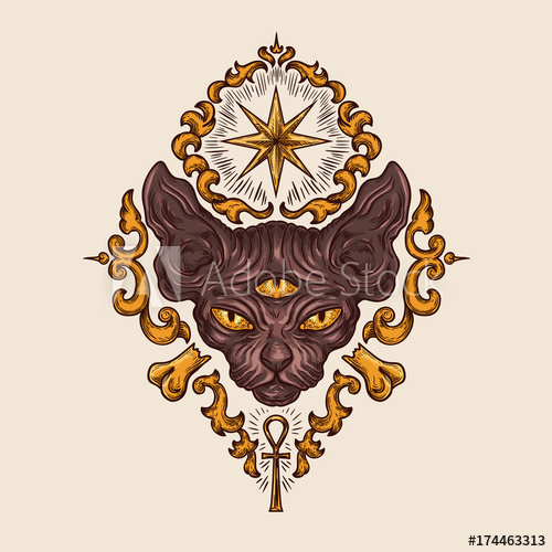 500x500 black sphinx cat head with mysterious three eyes look, egyptian - Egyptian Ankh Drawing