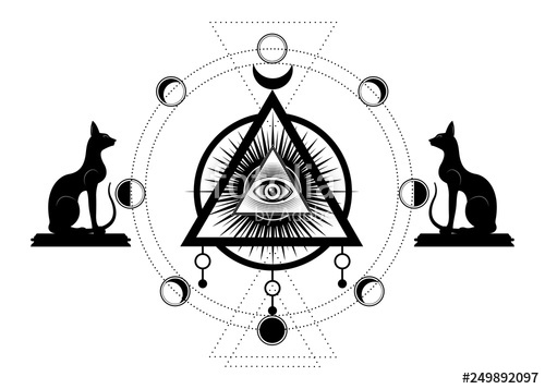 500x357 mystical drawing the third eye, all seeing eye, circle of a moon - Egyptian Cat Drawing