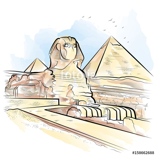 500x500 Drawing Color Pyramids And Sphinx In Giza, Egypt Vector - Egyptian Sphinx Drawing