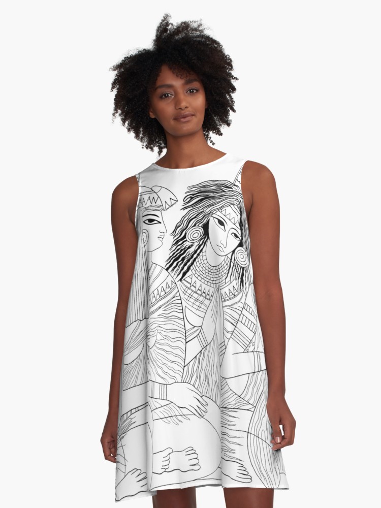 750x1000 egyptian women tomb drawing, black on white a line dress - Egyptian Tomb Drawing