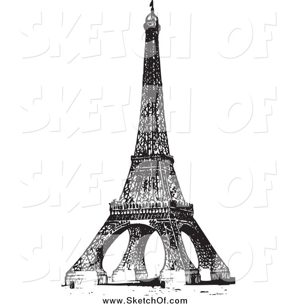 600x620 Drawing Of A Vintage Black And White Sketch Of The Eiffel Tower - Eiffel Tower Black And White Drawing