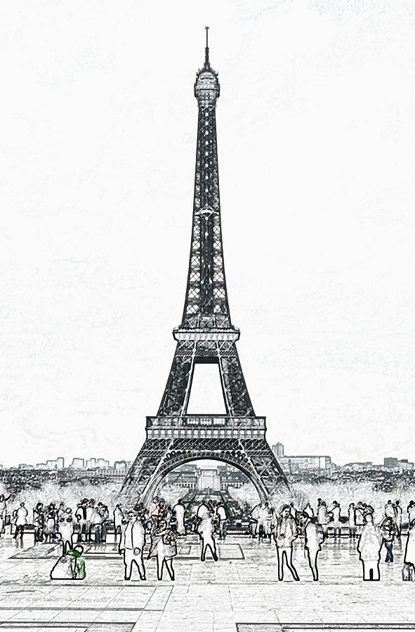 591x900 Trocadero Crowd Enjoying Eiffel Tower View Colored Pencil Digital Art - Eiffel Tower Pencil Drawing