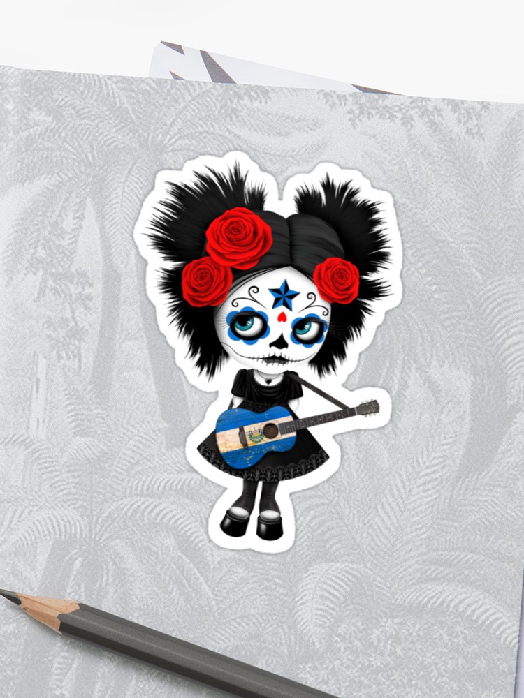 750x1000 sugar skull girl playing el salvador flag guitar sticker - El Salvador Flag Drawing