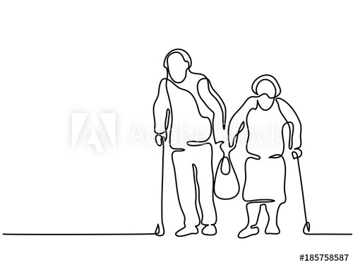 500x375 continuous line drawing happy elderly couple walking with bag - Elderly Drawing