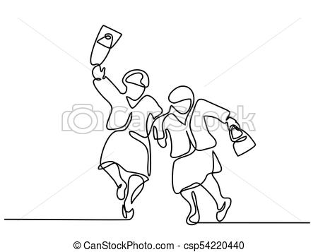 450x357 continuous line drawing elderly women friends walking and dancing - Elderly Drawing