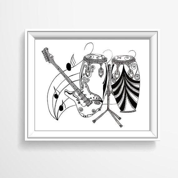 570x570 music lover's print musical instruments drawing electric etsy - Electric Guitar Line Drawing