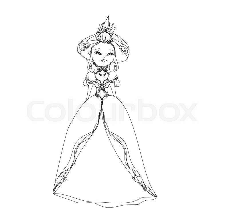 800x772 queen smiling in an elegant dress,hand drawn illustration stock - Elegant Dress Drawing