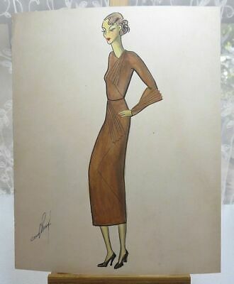 330x400 rare original ink watercolor drawing elegant dress girl signed - Elegant Dress Drawing