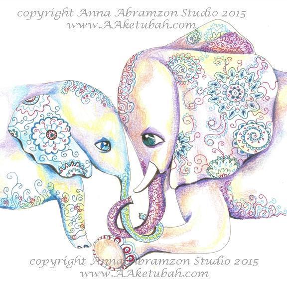 576x576 Mommy And Baby Elephant Art Print - Elephant And Baby Drawing