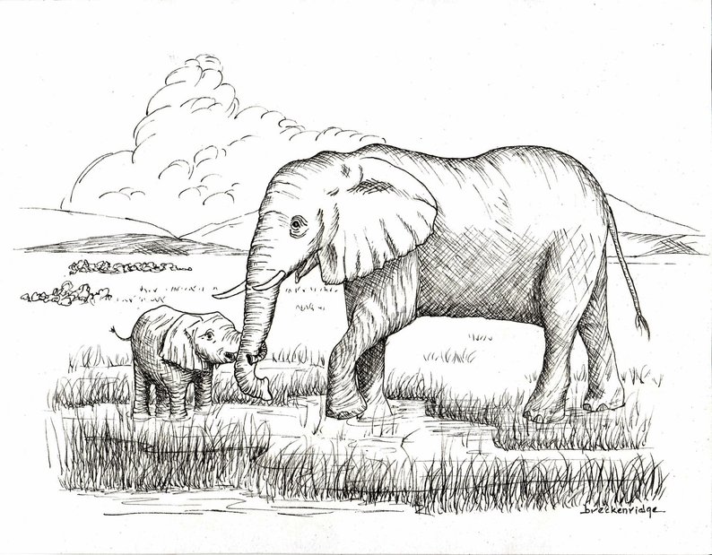 794x619 Mother And Baby Elephant Drawing Print Etsy - Elephant And Baby Drawing